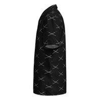 Samurai Katana patterned button-up shirt, left-side view