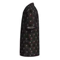 Skull & Red Rose patterned button-up shirt, left-side view