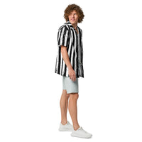 Distressed Black & White Stripes patterned button-up shirt, right-side view