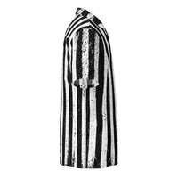 Distressed Black & White Stripes patterned button-up shirt, right-side view