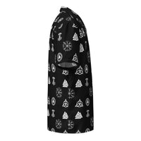 Black & White Norse Runes patterned button-up shirt, right-side view