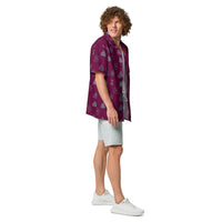 Burgundy Norse Runes patterned button-up shirt, right-side view