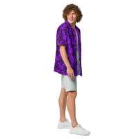 Purple Haunted Mansion patterned button-up shirt, right-side view