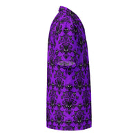 Purple Haunted Mansion patterned button-up shirt, right-side view