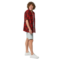 Red Haunted Mansion patterned button-up shirt, right-side view