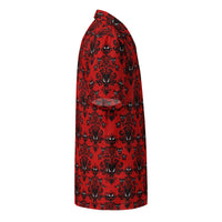 Red Haunted Mansion patterned button-up shirt, right-side view