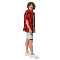 Red Krampus patterned button-up shirt, right-side view