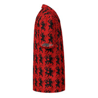 Red Krampus patterned button-up shirt, right-side view
