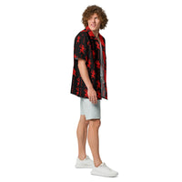 Black Krampus patterned button-up shirt, right-side view