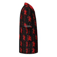 Black Krampus patterned button-up shirt, right-side view