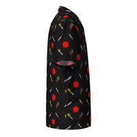 Classic Horror Weapons patterned button-up shirt, right-side view