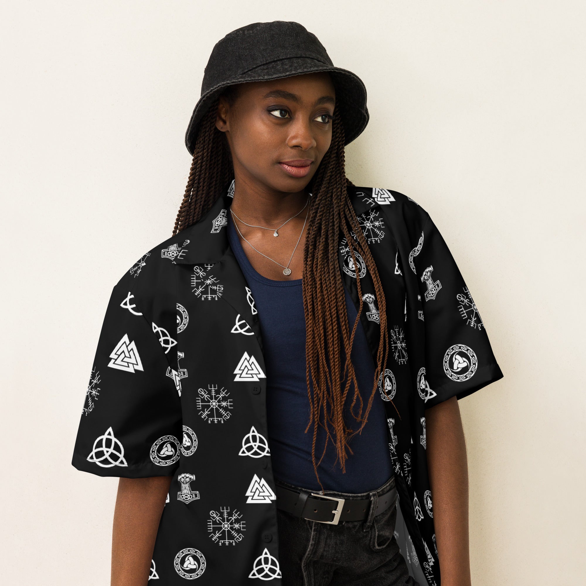 Viking Symbols and Ancient Norse Runes Button Up Shirt Black and White