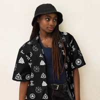 Black & White Norse Runes patterned button-up shirt, right-front view