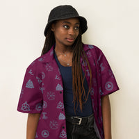 Burgundy Norse Runes patterned button-up shirt, right-front view
