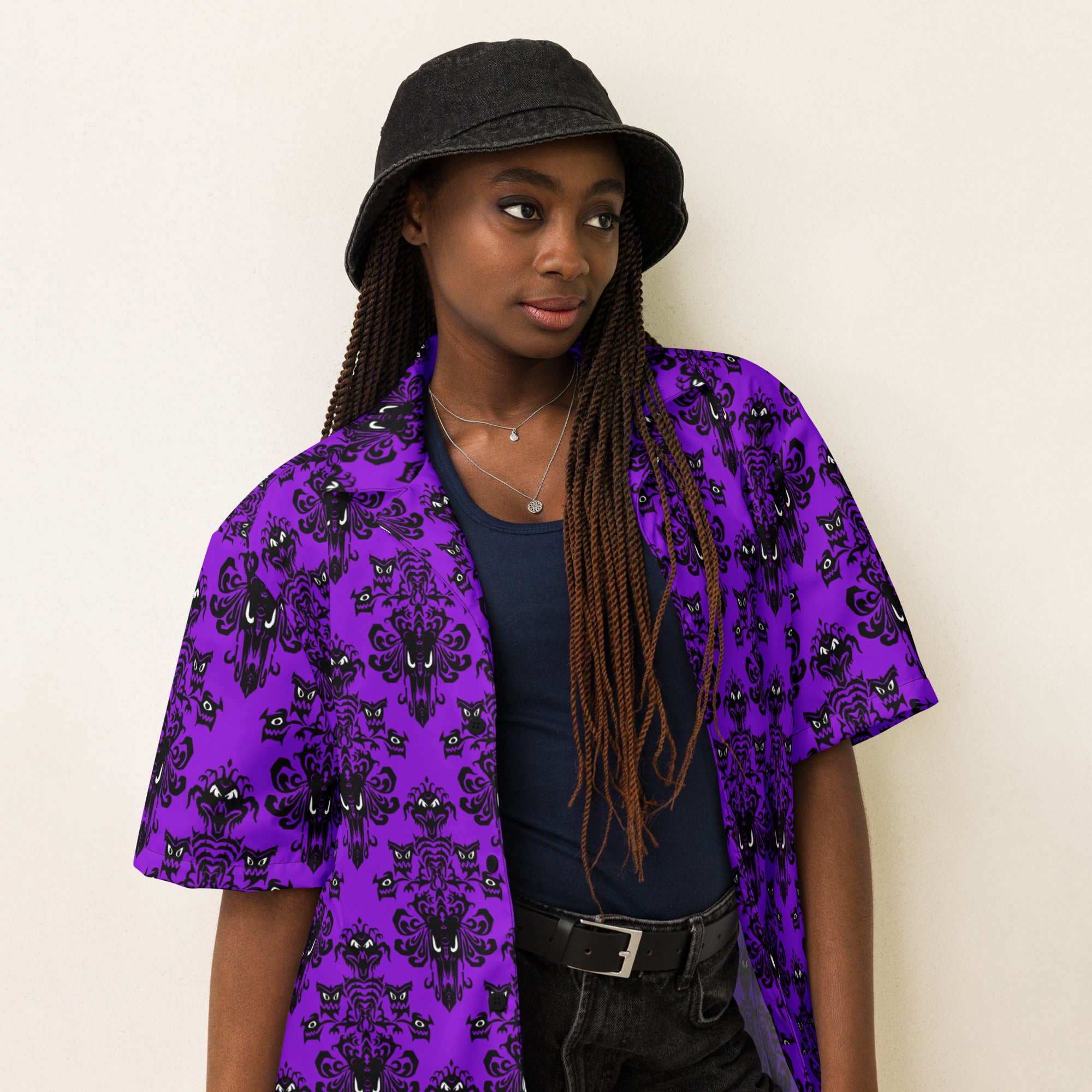 Purple Haunted Mansion Style Pattern Button Up Shirt