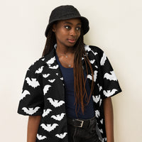 Halloween Vampire Bats patterned button-up shirt, right-front view