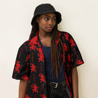 Black Krampus patterned button-up shirt, right-front view