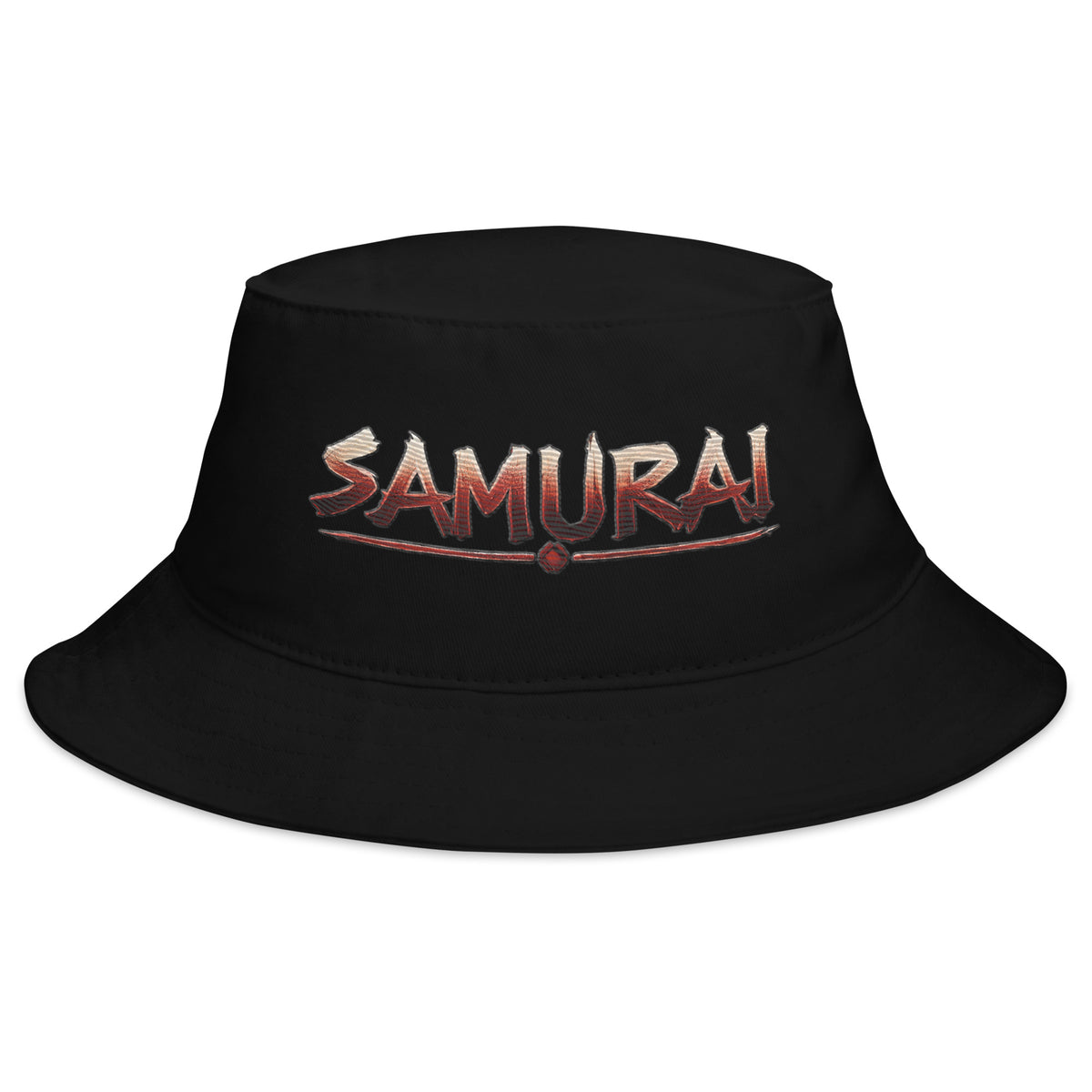 Black bucket hat with Anime Samurai Warrior embroidered artwork, front view