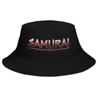 Black bucket hat with Anime Samurai Warrior embroidered artwork, front view