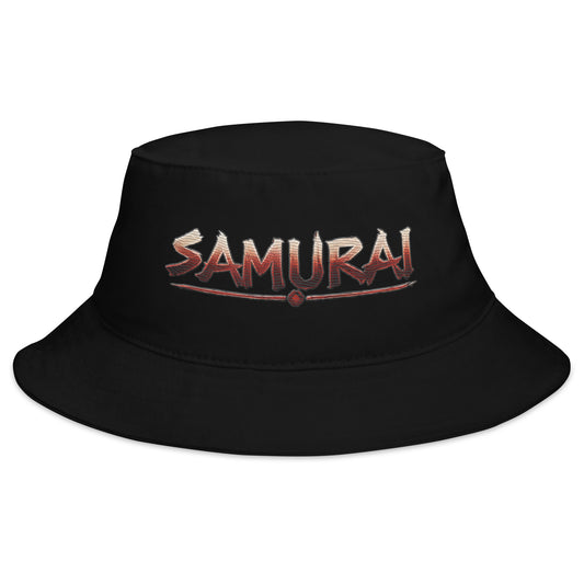 Black bucket hat with Anime Samurai Warrior embroidered artwork, front view