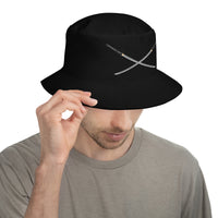 Black bucket hat with Dual Samurai Swords Anime Warrior embroidered artwork, front view