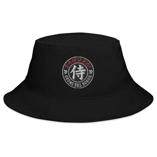 Black bucket hat with Samurai Honor the Sword Japanese Kanji Symbol embroidered artwork, front view