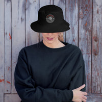 Black bucket hat with Samurai Honor the Sword Japanese Kanji Symbol embroidered artwork, front view