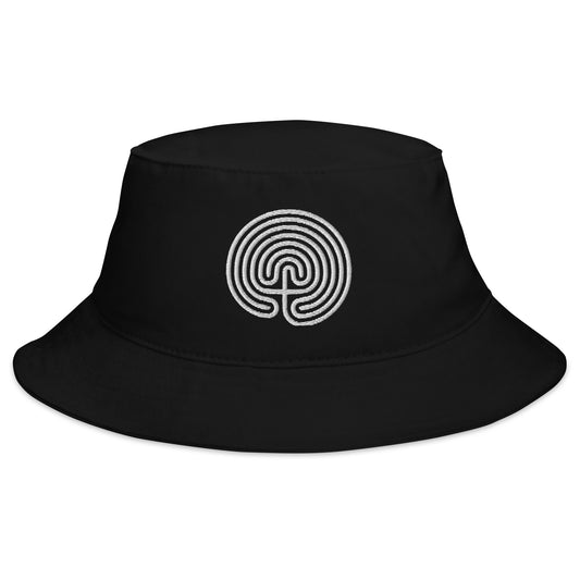 Black bucket hat with Ancient Labyrinth Maze Symbol embroidered artwork, front view