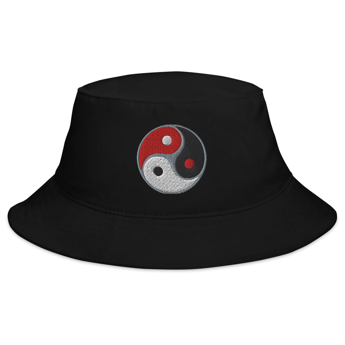 Black bucket hat with Triple Yin Yang Symbol embroidered artwork, front view
