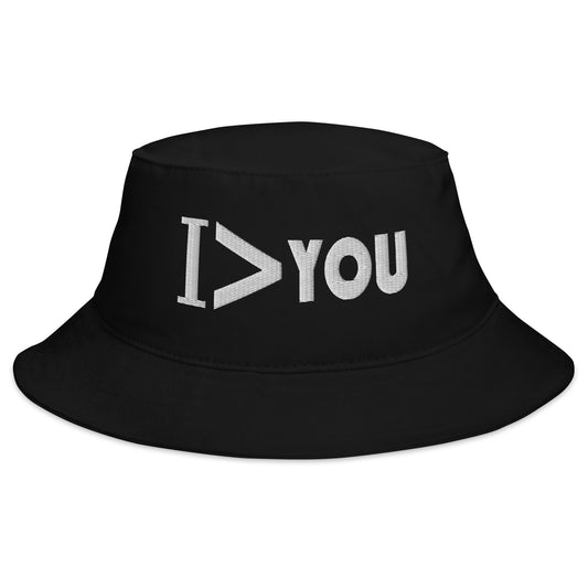 Black bucket hat with I Am Greater > Than You Sarcastic Meme embroidered artwork, front view