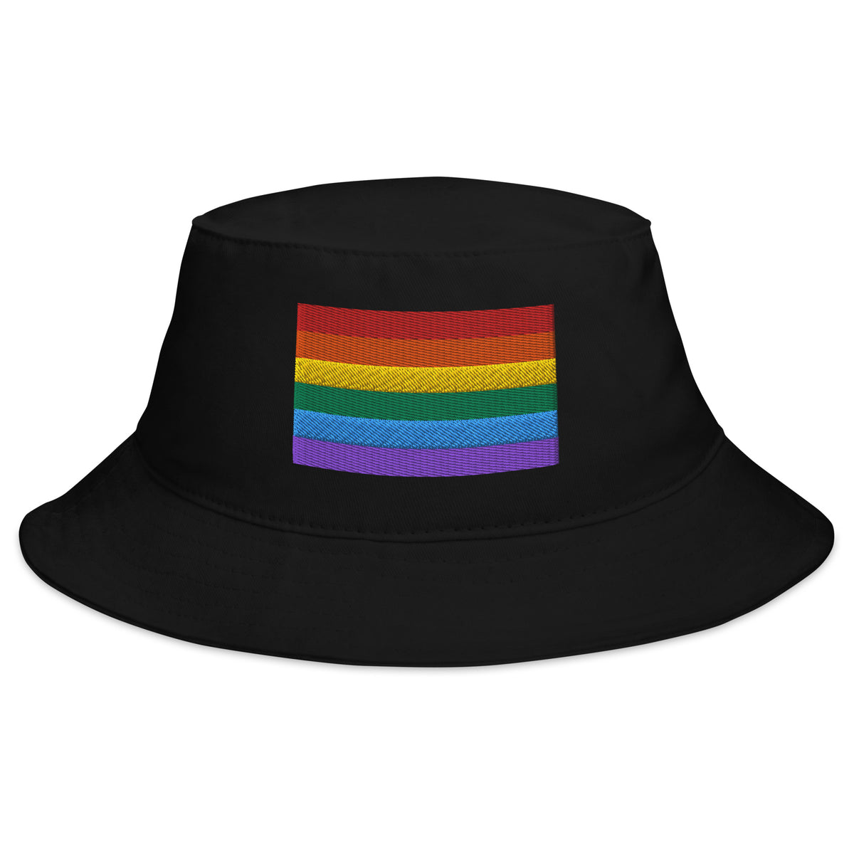 Black bucket hat with LGBTQ+ Pride embroidered artwork, front view
