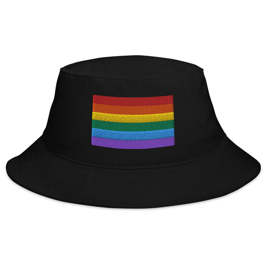 Black bucket hat with LGBTQ+ Pride embroidered artwork, front view