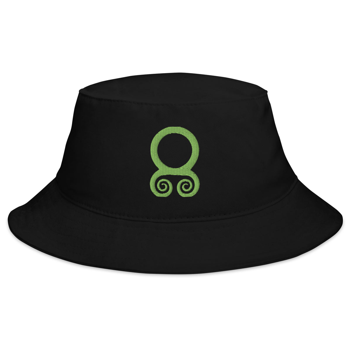 Black bucket hat with Green Viking Troll Cross embroidered artwork, front view