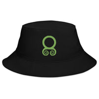 Black bucket hat with Green Viking Troll Cross embroidered artwork, front view