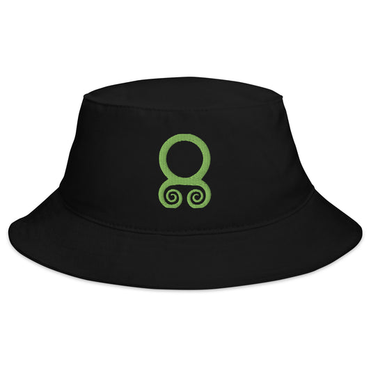 Black bucket hat with Green Viking Troll Cross embroidered artwork, front view