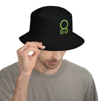 Black bucket hat with Green Viking Troll Cross embroidered artwork, front view