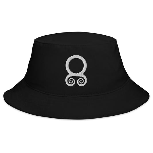 Black bucket hat with White Viking Troll Cross embroidered artwork, front view