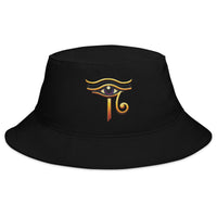 Black bucket hat with Sun God Eye of Ra embroidered artwork, front view