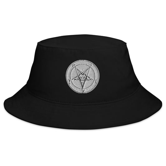 Black bucket hat with White Baphomet Sigil embroidered artwork, front view