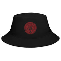 Black bucket hat with White Baphomet Sigil embroidered artwork, front view
