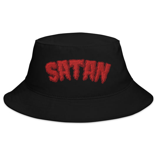 Black bucket hat with Satan Blood Drip embroidered artwork, front view