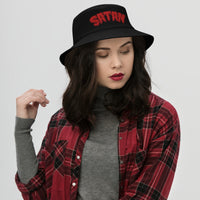 Black bucket hat with Satan Blood Drip embroidered artwork, front view