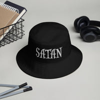 Black bucket hat with White Satan Pure Evil embroidered artwork, front view