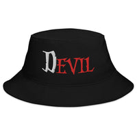 Black bucket hat with The Devil Is Evil embroidered artwork, front view
