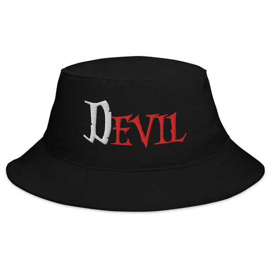 Black bucket hat with The Devil Is Evil embroidered artwork, front view