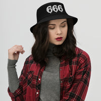 Black bucket hat with White 666 embroidered artwork, front view