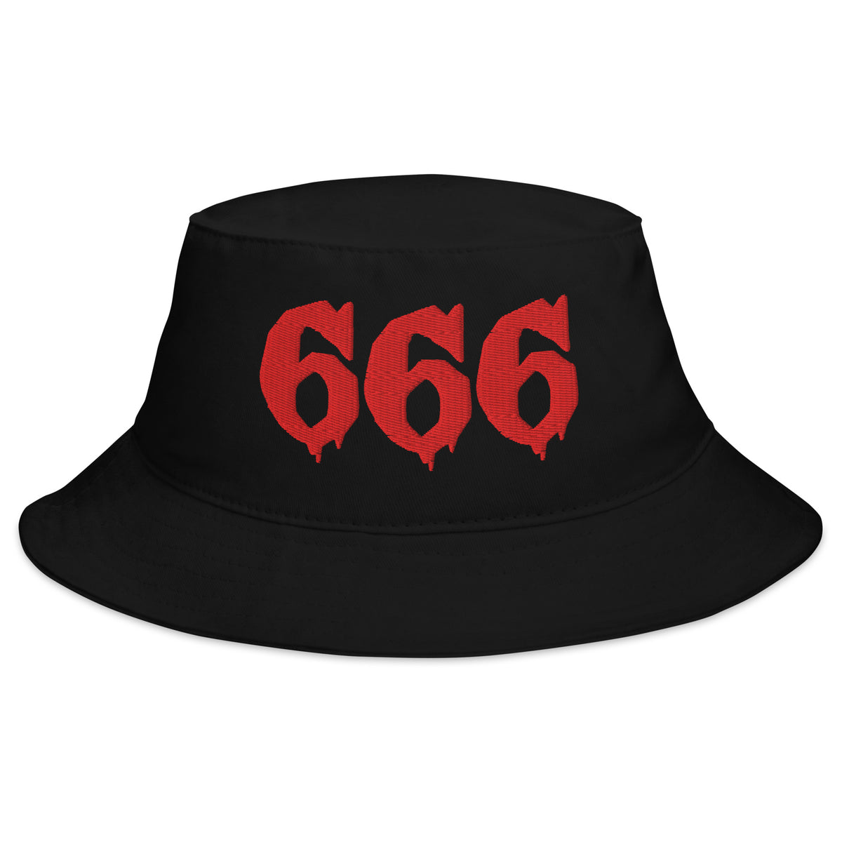 Black bucket hat with Red 666 embroidered artwork, front view