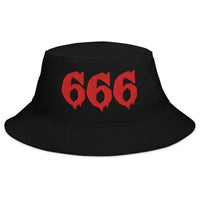 Black bucket hat with Red 666 embroidered artwork, front view