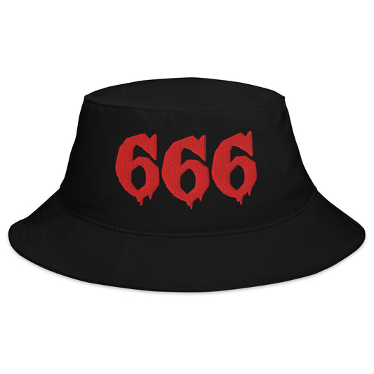 Black bucket hat with Red 666 embroidered artwork, front view