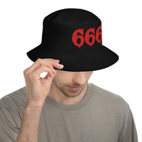 Black bucket hat with Red 666 embroidered artwork, front view